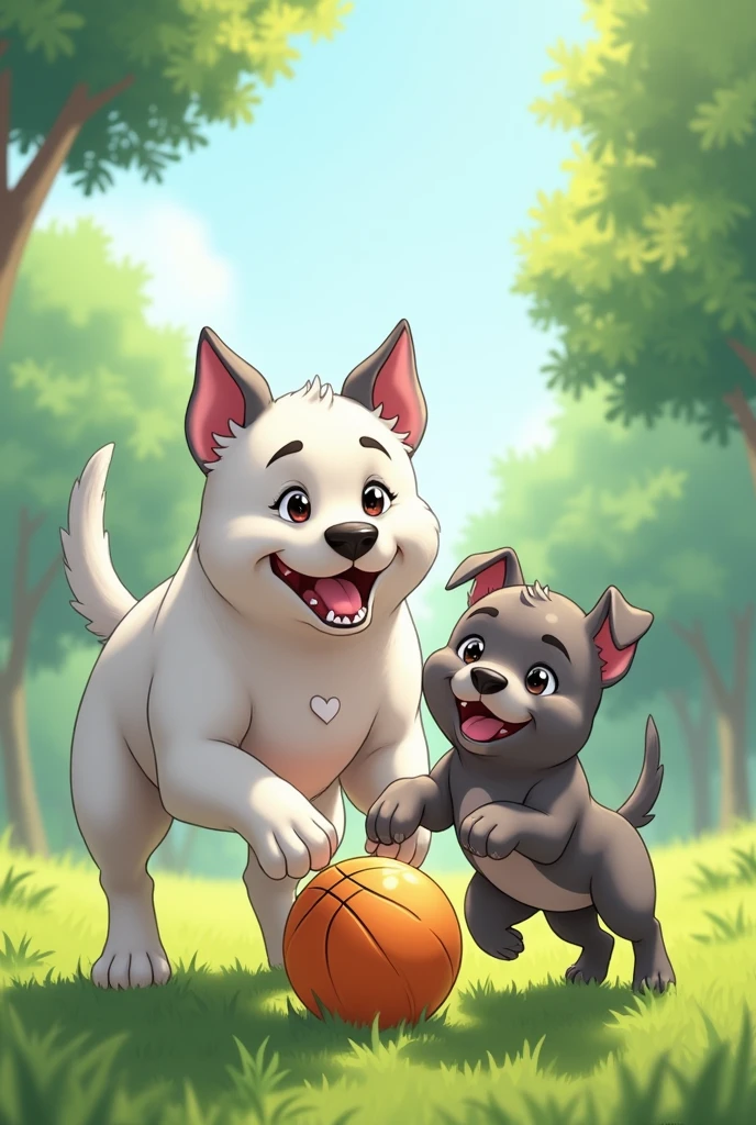 Anime of a white pitbull with grey ears and a grey pitbull puppy playing with a ball 