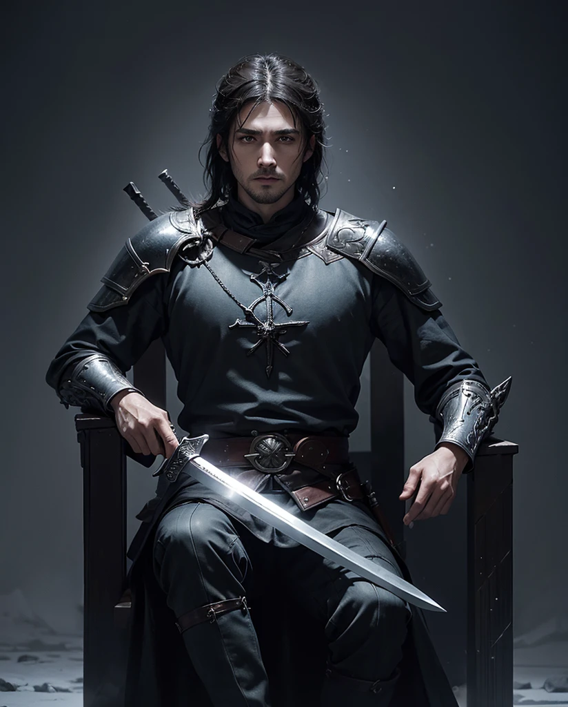 Please create a HD cover for my novel with a domineering man holding a sword and sitting on a throne.,This is its introduction:Winter is coming,The fate of Skyrim hangs by a thread。The Thalmor's cavalry tramples this ancient land,The shadow of the dragon looms over the world。And he,Relos,A humble bastard,But holds the power to change everything - the blood of the Dragonborn。 But it's not salvation he desires,But conquer。He will pave a bloody road to the pinnacle of power with iron, blood and fire,Stepping on the corpses of enemies,Ascend the and cold throne。