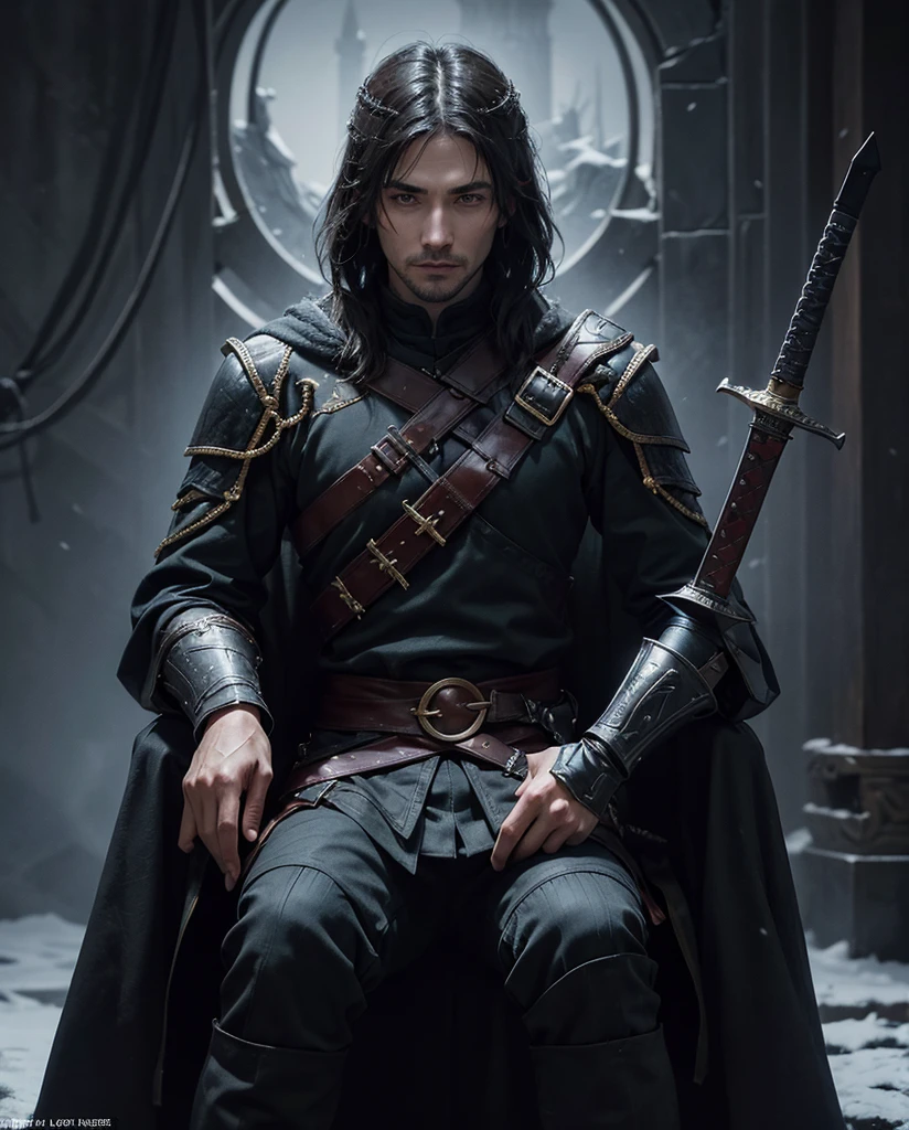 Please create a HD cover for my novel with a domineering man holding a sword and sitting on a throne.,This is its introduction:Winter is coming,The fate of Skyrim hangs by a thread。The Thalmor's cavalry tramples this ancient land,The shadow of the dragon looms over the world。And he,Relos,A humble bastard,But holds the power to change everything - the blood of the Dragonborn。 But it's not salvation he desires,But conquer。He will pave a bloody road to the pinnacle of power with iron, blood and fire,Stepping on the corpses of enemies,Ascend the and cold throne。