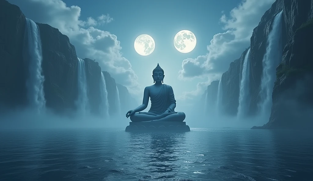 A long shot of a giant child Maitreya Buddha meditating on a distant alien world. Imagine a serene landscape,The boundless pure ocean, Reflecting the light of the twin moons in the night sky., Between the waterfalls, Shrouded in clouds, Scenic landscape, Movie Lighting