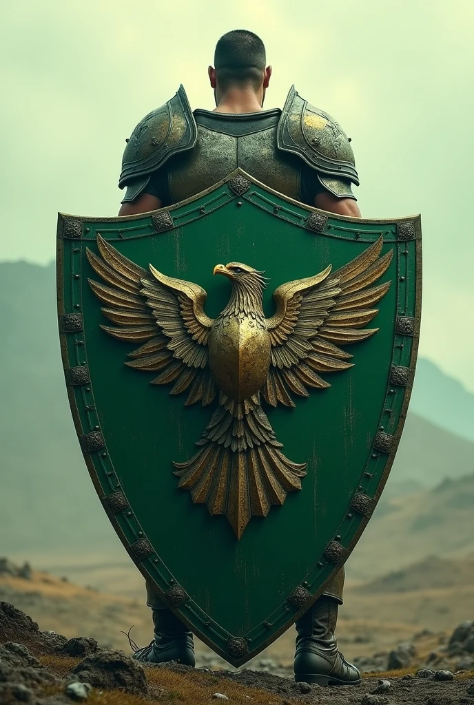 Warrior from behind with green shield with an eagle face in the center