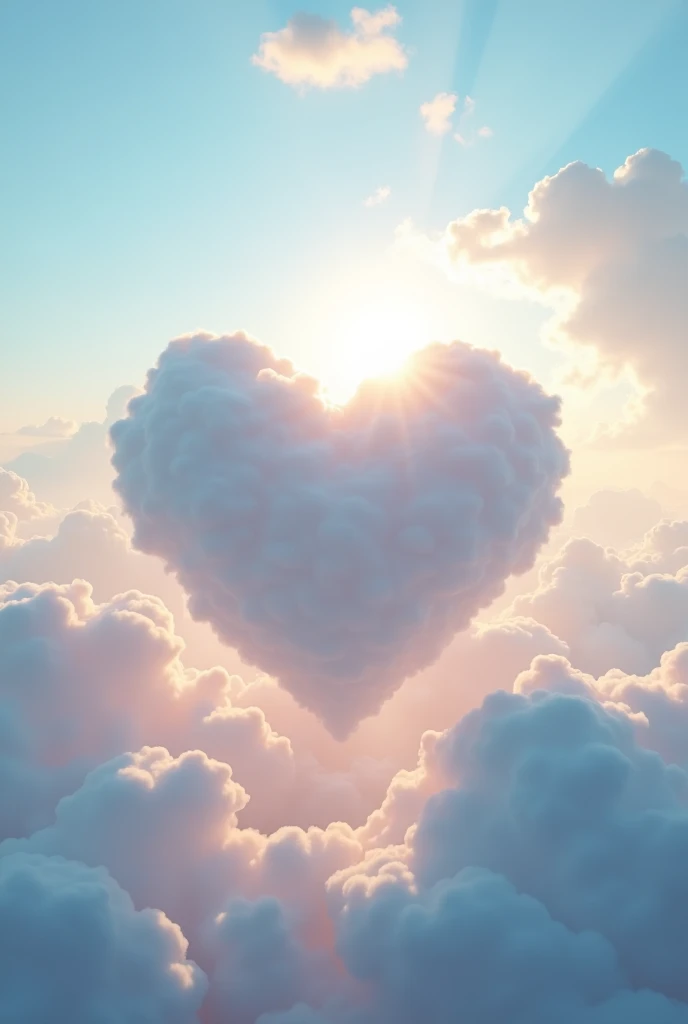 A heart-shaped cloud floating in a beautiful sky, surrounded by fluffy clouds. Sun rays shining through, creating a heavenly and serene atmosphere. Soft pastel colors, with a warm and dreamy light,high resolution、4K