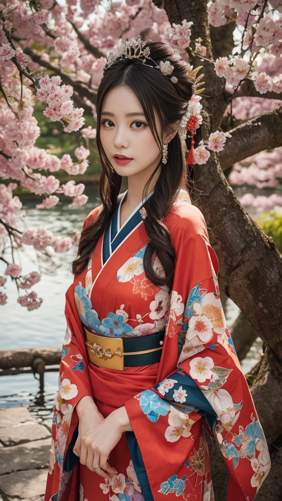 In a futuristic scene, Geisha in Japan with mechanical reinforcement、Elegant in elaborate gardens. She has beautifully detailed eyes and lips that complement her face. Geishas wear traditional kimonos with intricate patterns and designs. Around her are bright cherry trees and a quiet carp pond. The scene is painted with a blend of illustration and photorealism, Ultra-detailed brush strokes and clarity, Vivid colors. Lighting emphasizes the elegant features of the geisha, Gives her porcelain skin a soft glow. Artwork is of the highest quality, 4K or 8K resolution, Showcase the intricate details of geisha attire, cherry trees, And the shimmering scales of carp. The overall color scheme is、It is a combination of traditional shades of Japan, Crimson, etc., blacks, and subtle gold accents, With a futuristic twist. The fusion of ancient traditions and modern technology is、Create captivating and visually striking masterpieces.shoulders are exposed, Chest is visible、You can see the valley、are visible、Shoulders exposed、Chest revealed