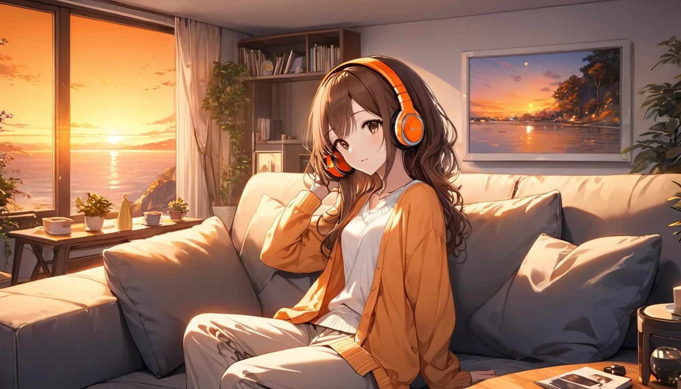 (Brown haired woman wearing headphones), (Relaxing in the living room in the evening listening to background music), (Very detailed, masterpiece, Highest quality, bright), (Anime Style)
background: Orange sky at sunset: Calm and relaxed look: Light cardigan and pants pose: Sitting on the sofa、A scene of people relaxing in a relaxed posture: In a calm space at dusk、Relaxing time surrounded by background music
