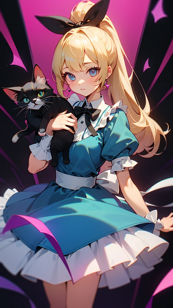 high resolution、Perm blonde、ponytail、Black ribbon on head、simple light blue dress、White frills on the skirt。
A girl like Alice in Wonderland。Fantasy、The Cheshire Cat is a pink and purple striped cat.。The girl holding this cat