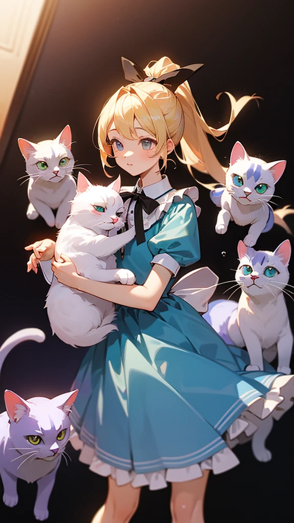 high resolution、Perm blonde、ponytail、Black ribbon on head、simple light blue dress、White frills on the skirt。
A girl like Alice in Wonderland。Fantasy、The Cheshire Cat is a pink and purple striped cat.。The girl holding this cat