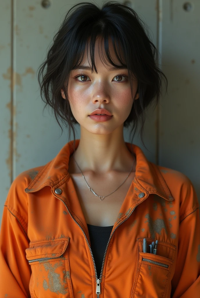 (Photorealism:1.2), A female mechanic, Wearing a tight orange jumpsuit, dirty, Stand Up Straight, Front view, portrait, short hair, No facial expressions, High Detail, 4K,