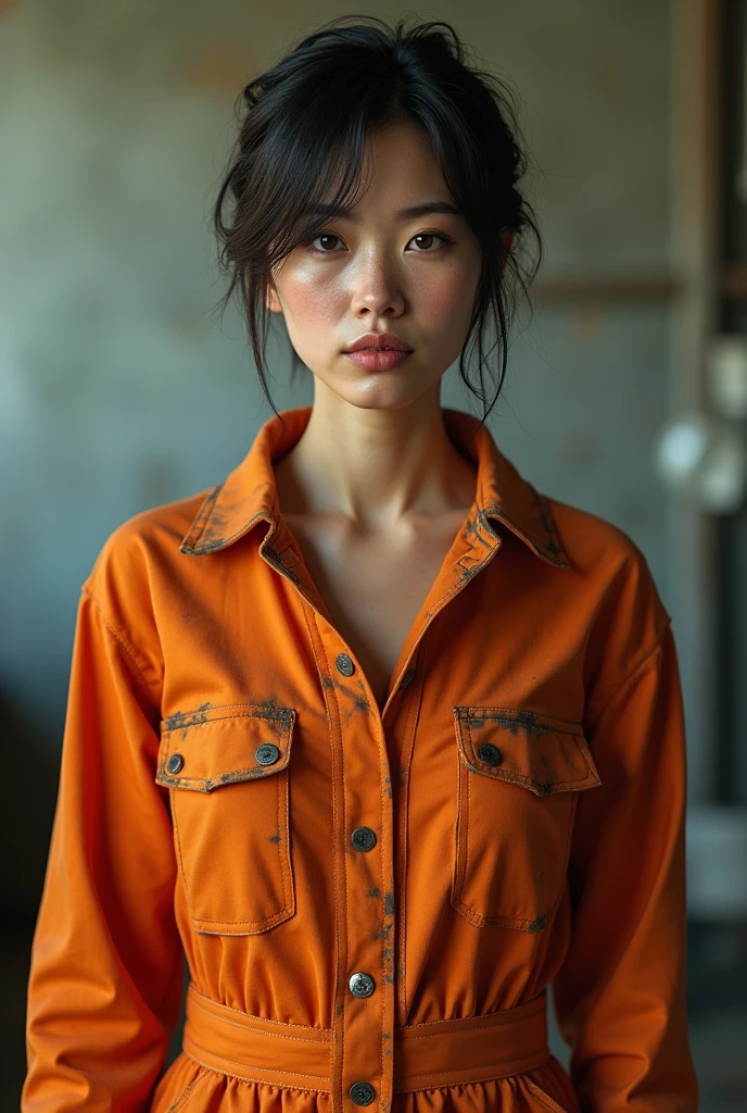 (Photorealism:1.2), A female mechanic, Wearing a tight orange jumpsuit, dirty, Stand Up Straight, Front view, portrait, short hair, No facial expressions, High Detail, 4K,