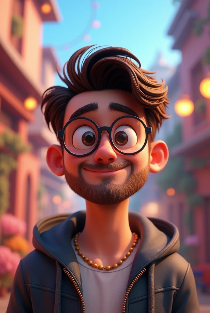disney inspired 3d poster/pixar capturing a scene of a 20 year old man, dark brown hair with gradient, wearing glasses with nylon thread at the bottom, short and well-groomed beard 