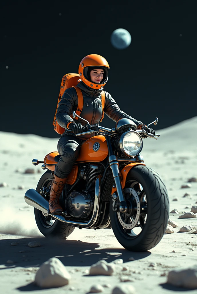 The image features a cute astronote woman in a black and orange, future motorcycle suit, seated on a matching high-tech motorcycle. A beautiful young woman smily face ,from Brooklyn, dressed in a modern astronaut spacesuit, riding a future designe motorcycle on the surface of the Moon. The Moon's surface is brightly illuminated by the sunlight, creating a stark, bright environment. In the distance, Earth can be seen, floating against the blackness of space. The woman is wearing a sleek, futuristic spacesuit with a helmet, her expression still cool and composed. The motorcycle retains its vintage design, creating a striking contrast between the retro bike and the futuristic lunar setting.