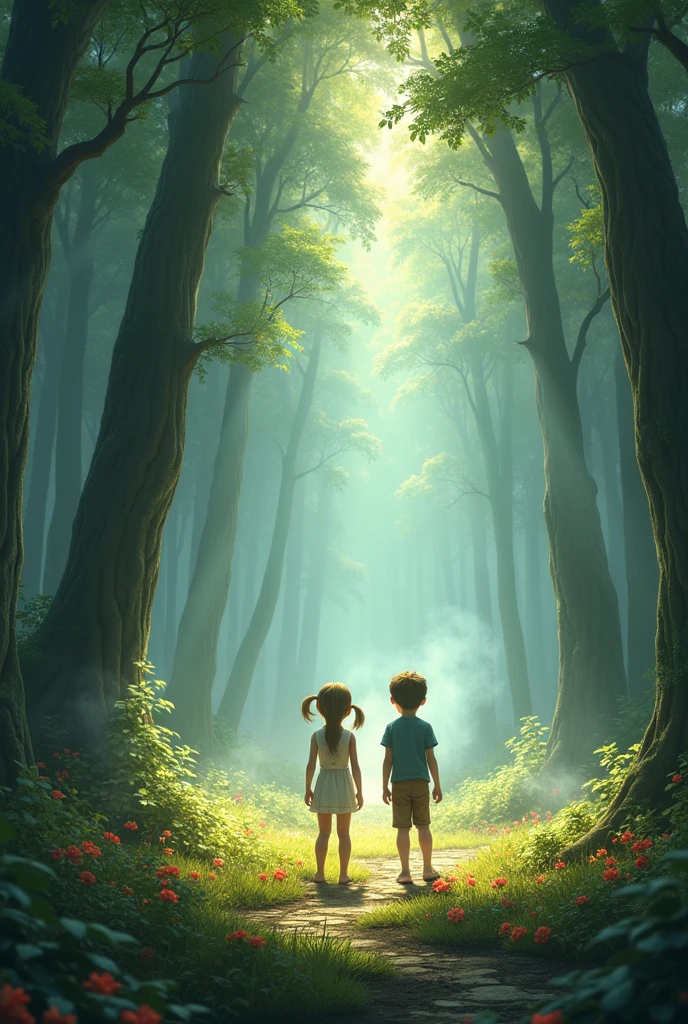 A magical clearing in an ancient forest, bathed in sunlight. Two children, a and a , stand in the center, looking scared and confused. The clearing is surrounded by towering, old trees with thick, green foliage. The ground is covered with vibrant, colorful flowers, and a faint mist hovers above the earth, giving the scene a mystical aura. The children’s expressions reflect their uncertainty as they take in their strange surroundings