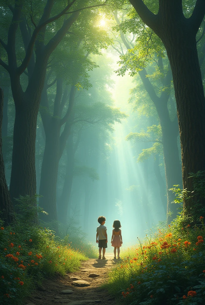A magical clearing in an ancient forest, bathed in sunlight. Two children, a and a , stand in the center, looking scared and confused. The clearing is surrounded by towering, old trees with thick, green foliage. The ground is covered with vibrant, colorful flowers, and a faint mist hovers above the earth, giving the scene a mystical aura. The children’s expressions reflect their uncertainty as they take in their strange surroundings