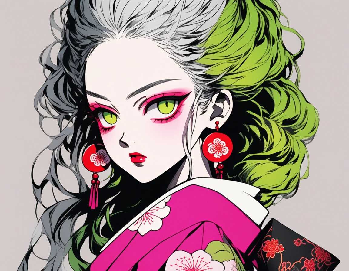 (Highest quality, sketch:1.2),Authenticistic,Illustrator,anime,1 girl, Detailed lips,custom,,Neon Hair,Texture Clipping,masterpiece, style: Retro Classic, Dark Black、Gray Hair、Silver Hair、Fair skin、Pink lips、Kimono with tank top、Red eyeshadow on the outer corner of the eye、Super Beauty、beautiful、Yellow-green eyes、Shocking pink plum blossom background、A little angry face