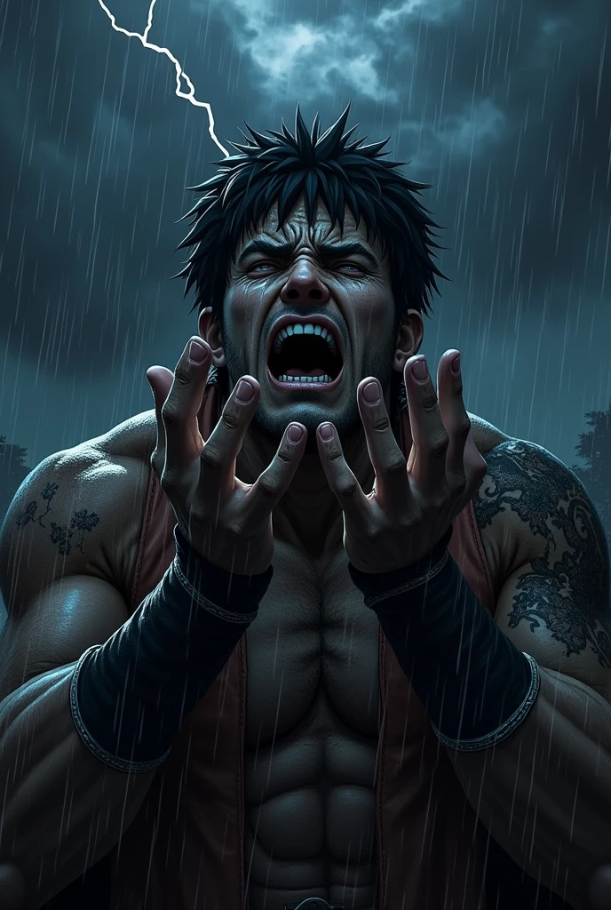 Gust from bersek crying in a dark night with his hands
