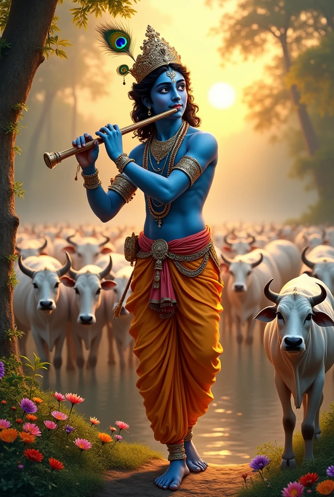 "A captivating scene of Lord cute  Krishna playing the flute. He has a deep blue complexion, adorned with a peacock feather crown and silver ornaments. His serene smile radiates peace. He is standing by a sacred river, surrounded by lush green trees and a garden full of blooming flowers. White cows gather around his feet, while a few Gopis gaze at him in admiration. The warm glow of the setting sun casts a heavenly aura over the entire scene."