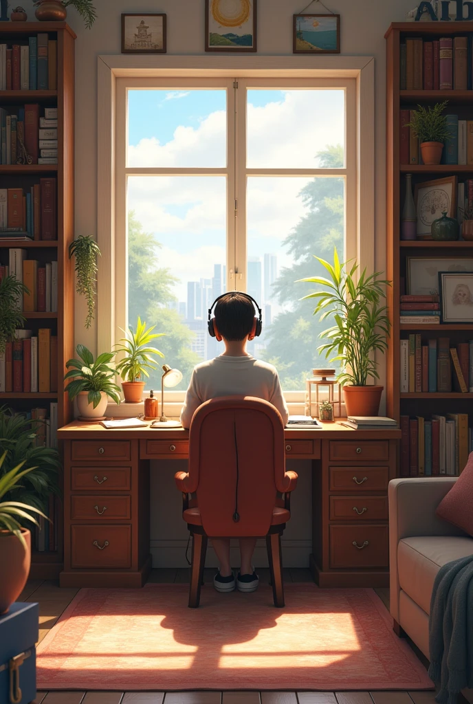 Create an image featuring a character sitting at a desk with headphone on, in a cozy room with warm lighting. The room should have elements such as books, decorations, and a window showing either a cityscape or nature. The atmosphere should be calm and inviting, suitable for studying or relaxing. Include soft shadows to enhance the warmth of the scene.