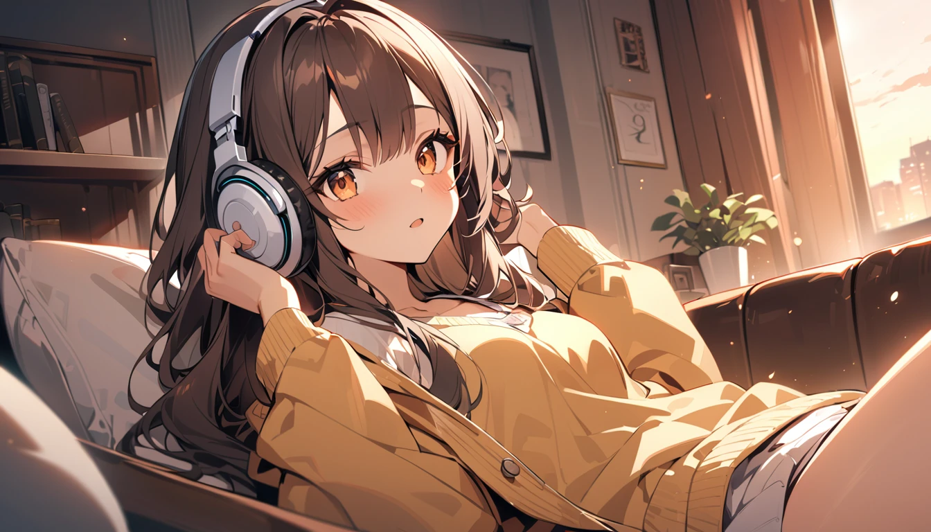 (Brown haired woman wearing headphones), (Relaxing in the living room in the evening listening to background music), (Very detailed, masterpiece, Highest quality, bright), (Anime Style)
background: Orange sky at sunset: Calm and relaxed look: Light cardigan and pants pose: Sitting on the sofa、A scene of people relaxing in a relaxed posture: In a calm space at dusk、Relaxing time surrounded by background music
