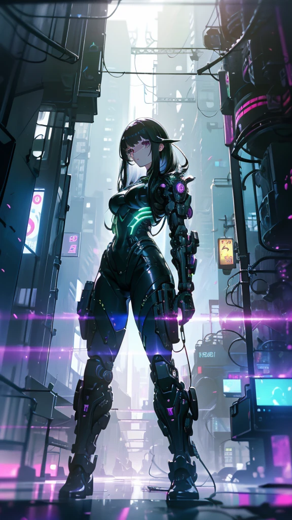 nice, Solitary, 1 female, Medium Length Hair, White hair, Rainbow hair, Purple Eyes, White clothes, Futuristic, Cyberpunk, Cybernetic,Low Angle、 Emerald eyes、Some clothes are transparent、Movie Angle、optical fiber、connecting lines、Luminous parts Transparent parts、Cyberpunk城市景观, Young woman with long black hair wearing emerald green powered exoskeleton suit, Standing in the neon-lit ruins, thinking, Textured digital art with soft tones and subtle ambient noise, Detailed and complex illustrations, Dystopia、Cruel but beautiful, A silver lining in the decline,Fish girl in a sci-fi translucent mechanical bikini ++,Bikinis are transparent，shiny