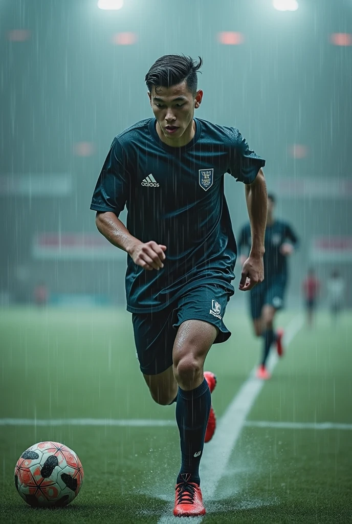 Young football player training while it is raining heavily