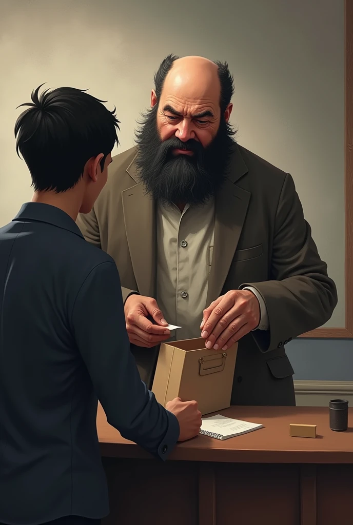 A short mayor, slightly bald, blackquality hair, sem beard, in ordinary clothes, with one hand in his pants pocket, to stick something in the bag, serving an ordinary citizen and saying: I pay out of my pocket