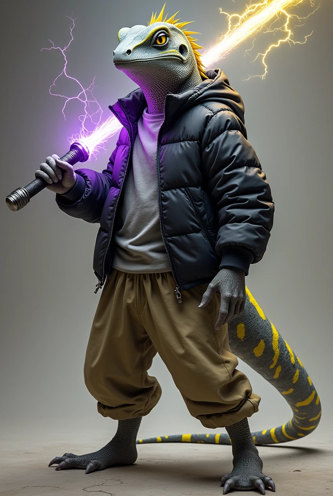 A grey lizard with yellow stripes that wears a black mix with grey and yellow line  puffer jacket. Also that wears khaki loosepants. The grey lizard holding a purple energy sword. Add some purple lightininng on the sword.. and its yellow stripes on the body wothe some yellow lightining on it.