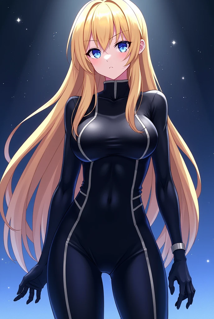 (masterpiece, Best Quality:1.2), Bazett, fgo, 1 woman, 17 years, Alone, Long hair, blonde hair black tips black, hits, blue eyes, big breasts,high, athletics, black gloves, Suit, uniform, Jujutsu Kaisen Maki, Looking towards the camera, Whole body, anime