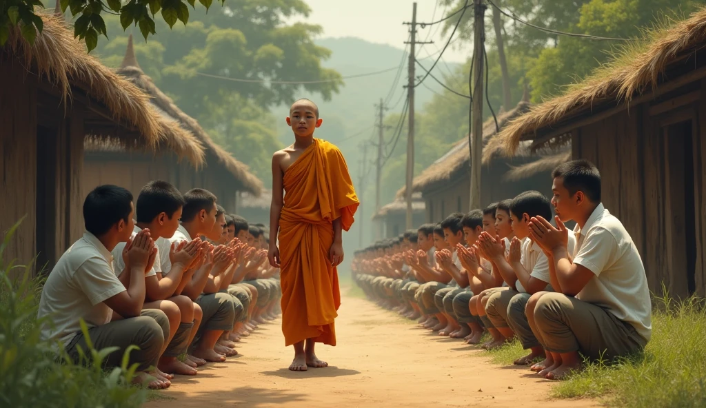 Khmer young monk walk in village and Villagers kneel and respect monks