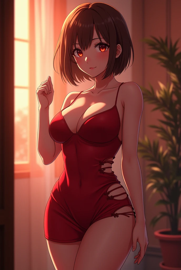 (Best Quality, 8k, 32K,1 girl, Uraraka, short hair, Brown hair, giant breasts, perfect body, Ultra detailed face, detailed lips, fine eyes, ripped dress, standing, seductive, enthusiastic, Areolas, in the heat, milf.
