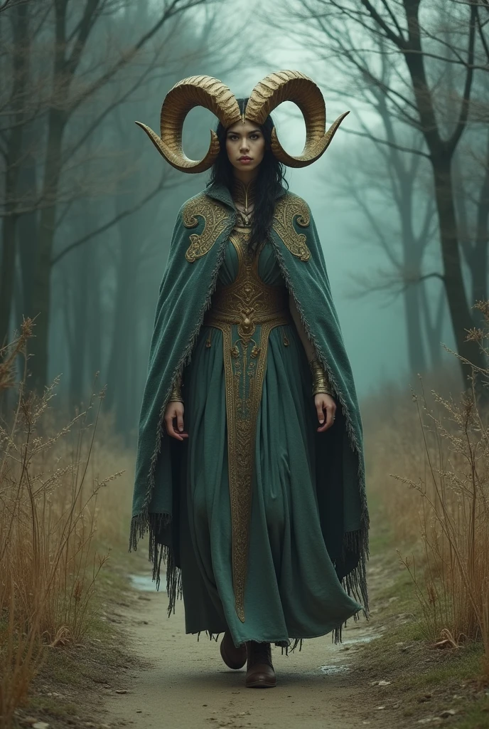 A solitary figure embodying the Zodiac sign Capricorn, her determination evident as she walks alone on a path. The woman is characterized by her strong, stoic presence, exuding an aura of power and wisdom. This image, whether a painting or photograph, captures her essence flawlessly. Every detail is meticulously rendered, from the graceful curve of her horns to the intricate patterns adorning her cloak. The colors are rich and vibrant, drawing the viewer in to marvel at the depth of emotion conveyed in this stunning portrayal.