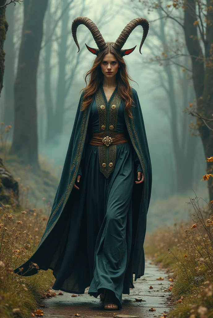 A solitary figure embodying the Zodiac sign Capricorn, her determination evident as she walks alone on a path. The woman is characterized by her strong, stoic presence, exuding an aura of power and wisdom. This image, whether a painting or photograph, captures her essence flawlessly. Every detail is meticulously rendered, from the graceful curve of her horns to the intricate patterns adorning her cloak. The colors are rich and vibrant, drawing the viewer in to marvel at the depth of emotion conveyed in this stunning portrayal.