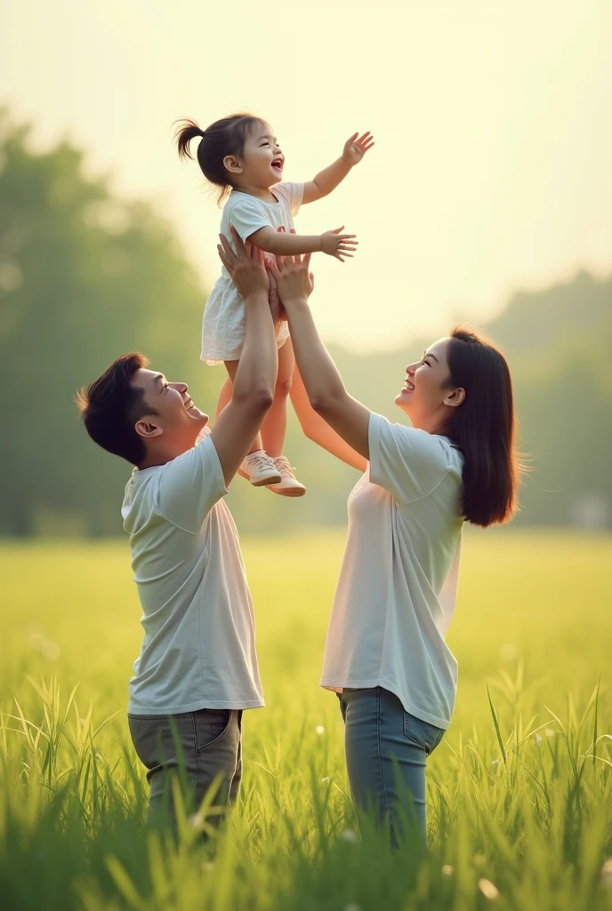 Asian husband and wife holding their little daughter up high on the grass