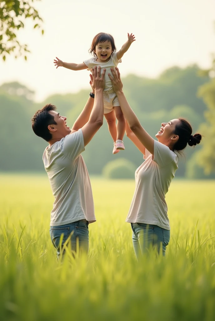 Asian husband and wife holding their little daughter up high on the grass