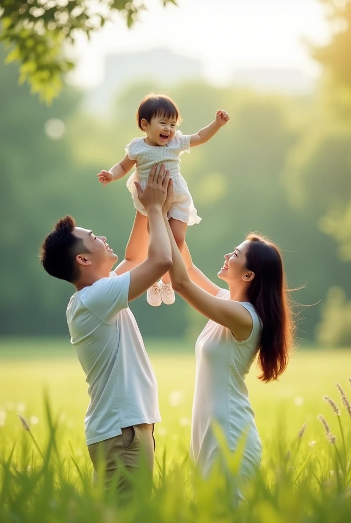 Asian husband and wife holding their little daughter up high on the grass