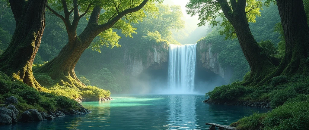 Nature landscape with a waterfall, estuary and many trees, where a space for meditation and thinking stands out