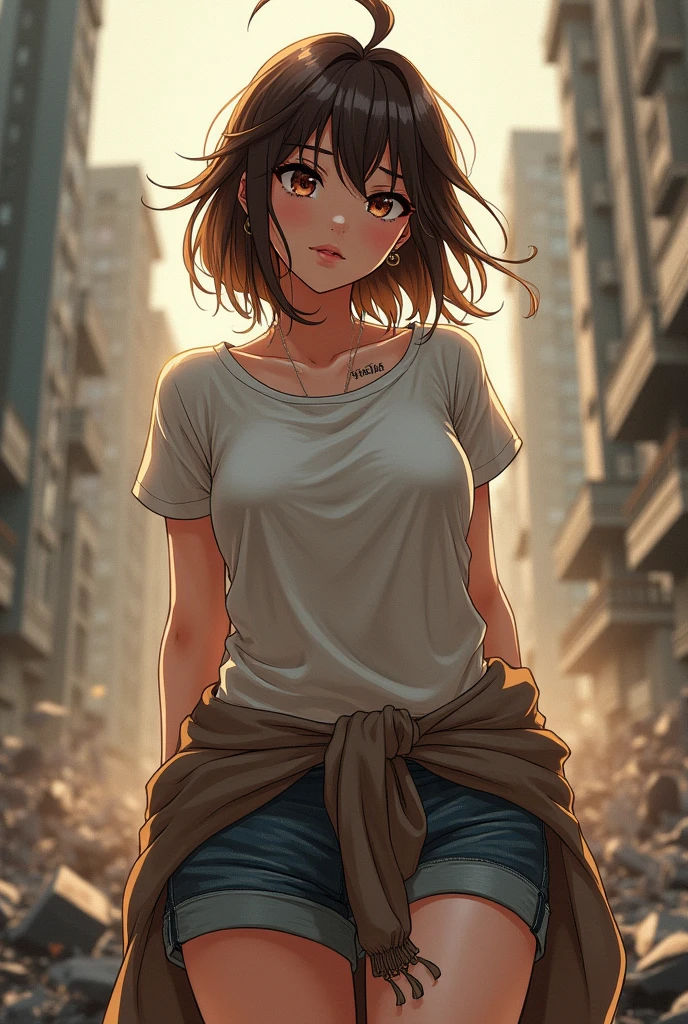 Anime girl with big bust wearing disheveled t-shirt,shorts and a sweater tied around the waist with medium brown hair messy in an apocalypse 