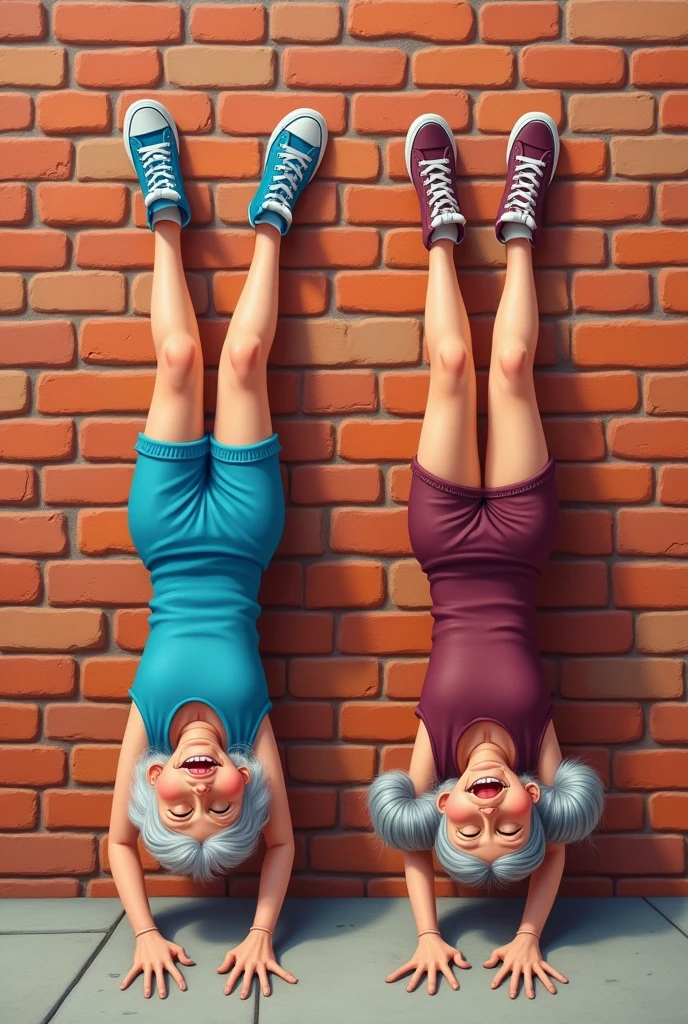 Realistic illustration Whimsical caricature of a funny old funny granny hair bun, blue dress blue sneakers , burgundy dress burgundy sneakers,  in front of a brick wall, they do handstands,laughs in a scene funny 3D whimsical painting.