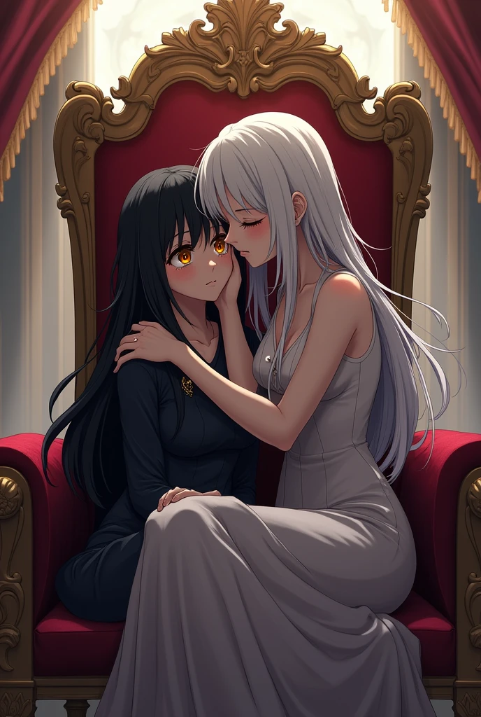 An anime girl with black hair and yellow eyes crying sitting on the throne and a woman with long white hair and red eyes hugging her while whispering in her ear and
