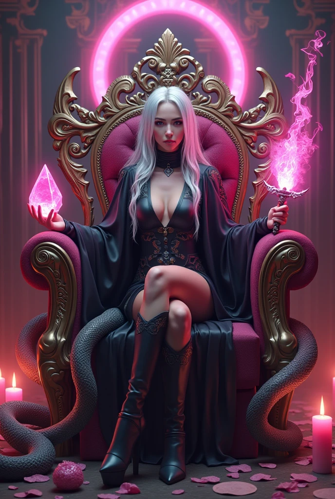 Surreal Very detailed Ultra Fantasy Ultimate Details Ultra-high resolution 8K 32k 3D Clear Eyes Silver Hair Sit on a chair 、In his right hand he holds a gorgeous, uniquely designed sword that emits pink flames of mysterious energy..In her left hand she holds a pink crystal emitting dark energy. assassin Demonic anacondas on both shoulders spitting flames mechanical engineering Mechanic Art . intricate and elaborate design, おMoney, Money Silver Silver Red Black-purple Dynamic pose Cinema Lighting Magical spell aura Sit on a chair Pink magic circle design big, luxurious amulet made of Money Bright colors girl A gorgeous and mysterious magician Gorgeous, Mysterious and cool tiara The ultimate mysterious design Satanism Demonic rainbow armor Mysterious demonic chair textured armor girl Breaking the Magic Seal Six exotic candles at your feet