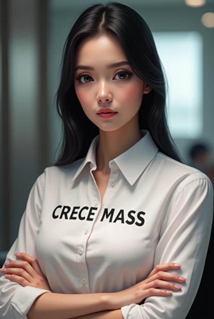 Create a realistic image of a young lady in a white shirt . That on the chest is written in capital letters : "CRECE MASS". In addition, the young lady is sitting with her arms crossed in a financial institution.. With straight black hair and an oval face