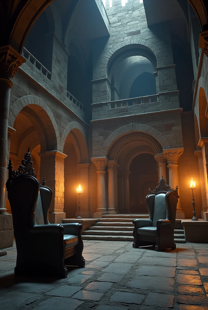 large room with castle armchairs, illuminated only by the dim light of a few torches