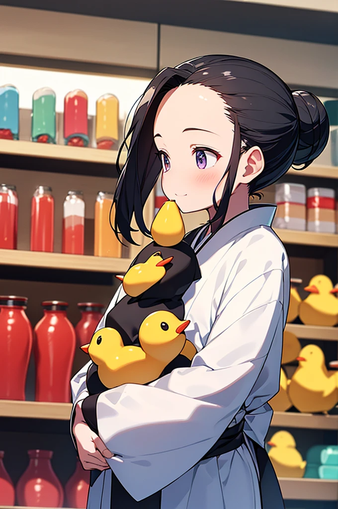 RAWphoto,photorealistic,8k16k,best quality,perfect anatomy,perfect detailed,ultra highres, extremely detailed eyes and face, gleaming skin,shiny skin,anime screencap,anime colored,1girl,black hair,bun_head,(forehead:1.3),(,Kindergarteners:1.2), wearing a yukata,front of candy shop,little smile,holding a Chick stuffed toy,(looking away:1.9),bird on head