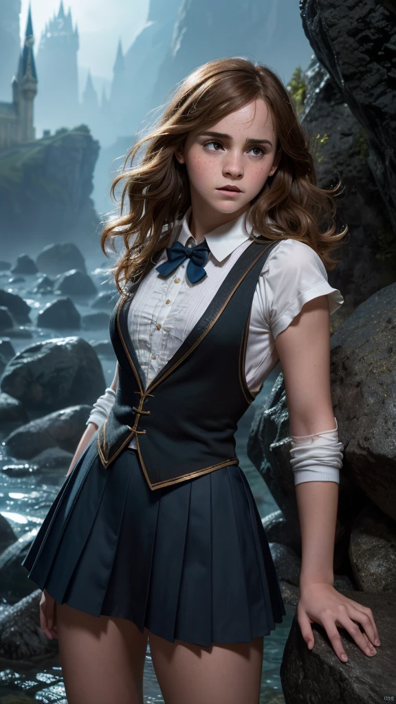 An illustrated movie poster, hand-drawn, full color,(Emma Watson:V2.1 ),( a teenage Hogwarts student:1.4) ,(Camisa blanca corbata y chaleco) , (falda student corto plomo :1.4), (hogwarts school uniform:1.4), 18-years-old, female, wearing a charcoal vest and a pleated skirt, athletic hourglass figure, full wide hips, massive round butt, long shapely legs, ridiculously thick powerful thighs, vibrant eyes, deep dark auburn hair, thick shaggy bangs, flushed sun-kissed complexion, freckles, resembles Genevieve O'Reilly, standing in a foggy Hogwarts courtyard, surrounded by mist, graphite shading, stencil marks, airbrushed acrylic paint, masterpiece, close-up shot, in the style of the Deathly Hallows, high quality, (RAW photo, best quality), (realistic, photorealistic: 1.4), (extremely delicate and beautiful: 1.4), amazing, fine details, masterpiece, ultra detailed, high resolution, best illustration, best shadow, intricate, ( extremely intricate: 1.2), (exquisitely detailed skin), cinematic light, perfect anatomy, (cool color: 1.4), sharp focus, 8k UHD, DSLR, (Fujifilm XT3),(iluminación cinematográfica :1.4),( Hermione Granger:1.4), (Emma Watson: V2.1), (ojos de Emma Watson:1.5), (hogwarts school uniform:V2.1),( pose americano :1.4), (estilo cinematográfico :1.4), (efectos cinematográfico :1.4), (colores cinematográfico), (beautiful landscape with colorful sea rocks, magical lighting, detailed hard ttiti, and boob milk:1.4 ), (partículas flotantes, agua mágica:1.4) 