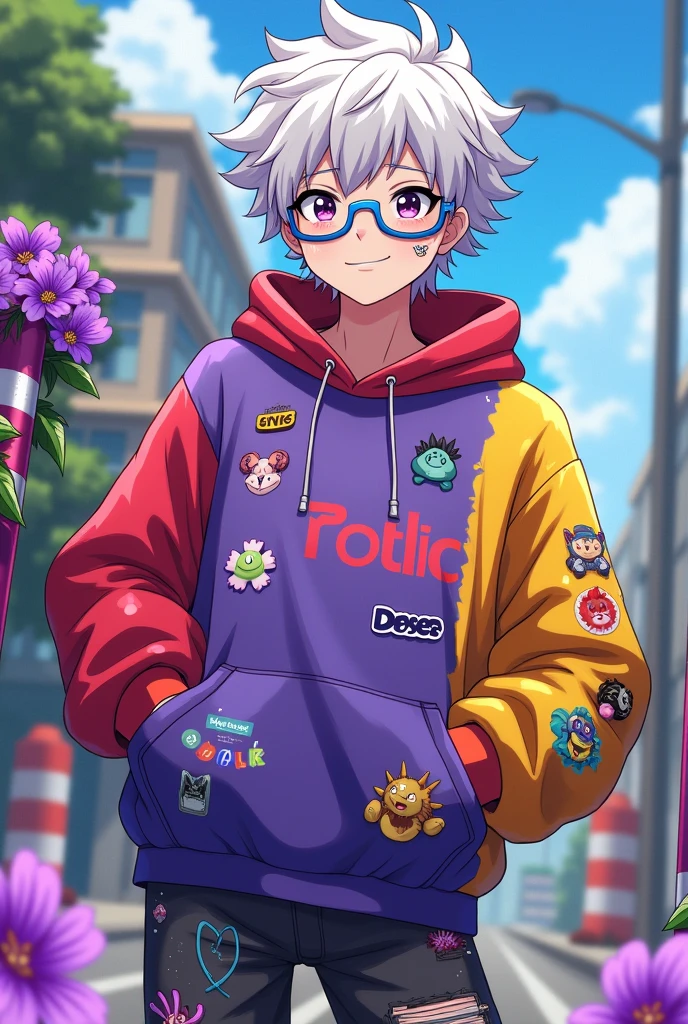 A Robloxian, He has white hair and skin, He wears a purple sweatshirt that is red on one side of the arm and yellow on the other.. Use a purple traffic cone with purple flowers, He also has blue glasses and his face has stickers stuck on it., His clothes are stained with colored paint, an 1 boy. anime style