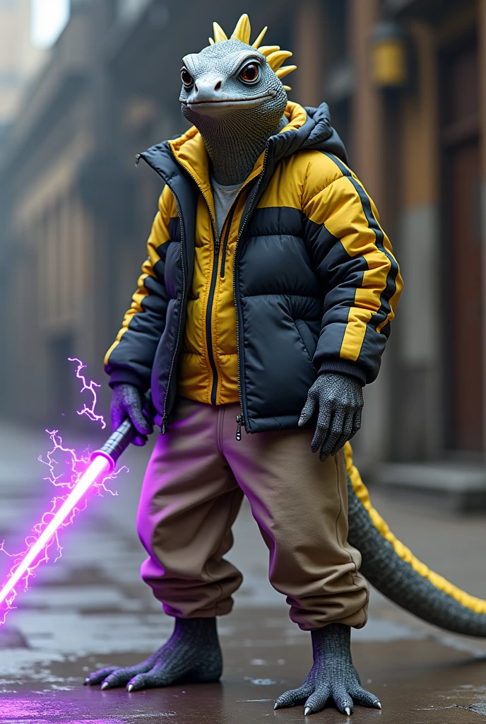 A grey lizard with yellow stripes that wears a black mix with grey and yellow line puffer jacket. Also that wears khaki loosepants. The grey lizard holding a purple energy sword. Add some purple lightininng on the sword.. and its yellow stripes on the body wothe some yellow lightining on it.