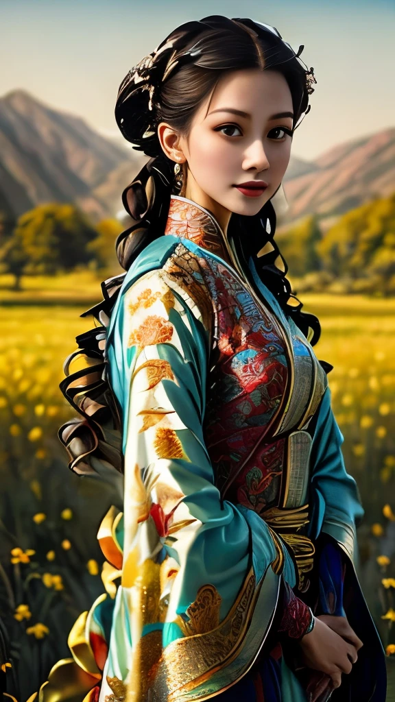painting of a woman in a traditional dress standing in a field, a detailed painting by Sheng Maoye, trending on cgsociety, cloisonnism, traditional beauty, beautiful character painting, traditional art woman, traditional  art, ruan jia beautiful!, traditional painting, painting of beautiful