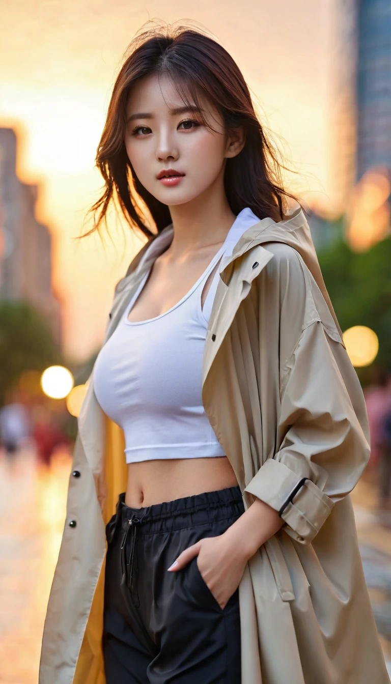 close-up of beautiful korean female, 34 inch breasts size, wearing crop tank top, and rolled sleeves unzipp raincoat, pants, in the city, sunset light, bokeh background, UHD