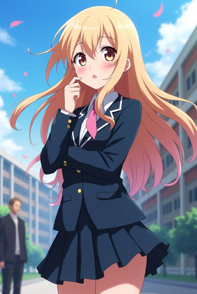 Screenshot My hero academia, girl long blonde hair with light pink highlights, UA uniform, long shot
