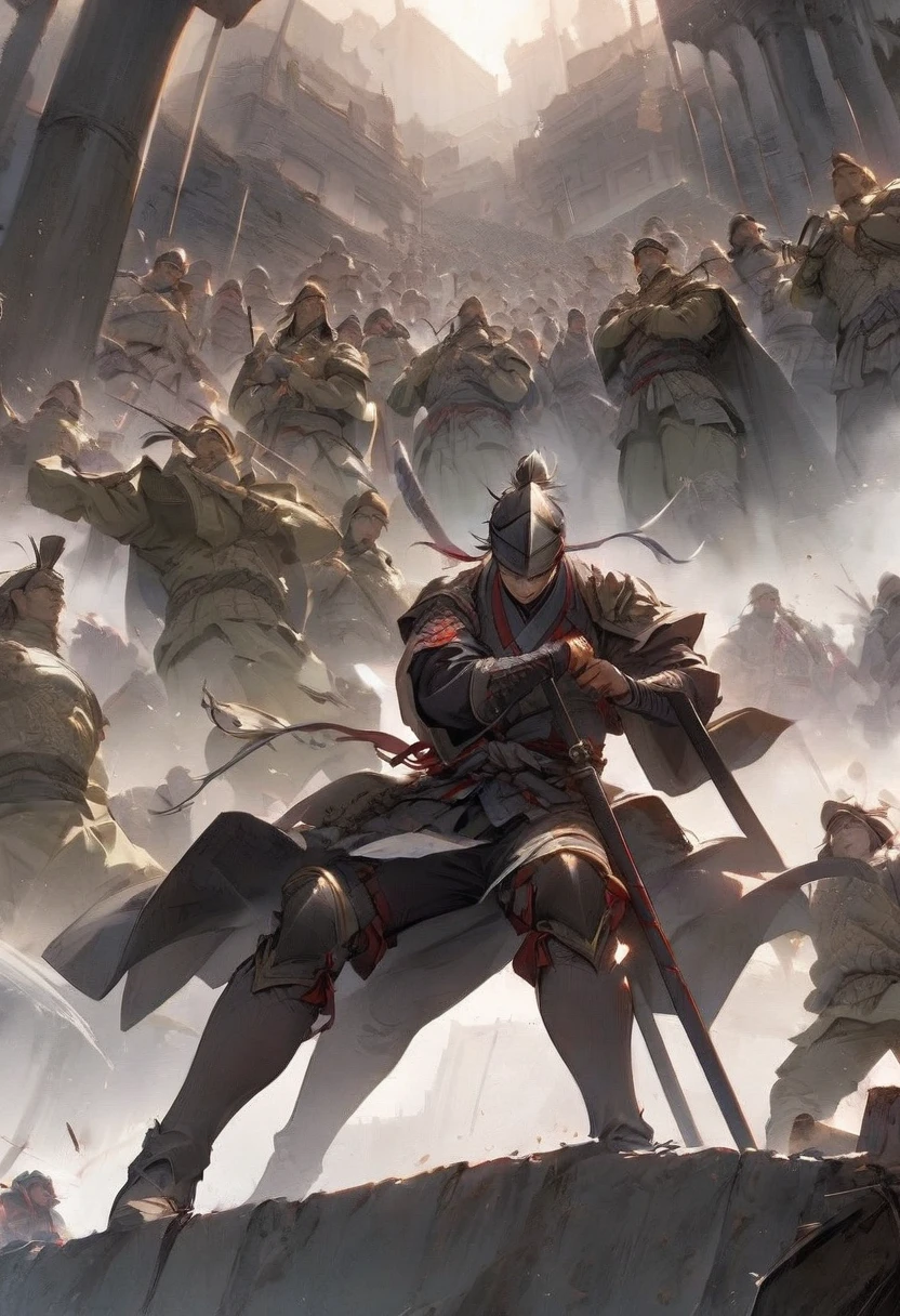 "A strategic setup for a surprise attack during a foggy dawn, with a one-eyed samurai leader overlooking his concealed troops from a ridge. The enemy soldiers march through a narrow pass below, unaware of the imminent danger. The commander waits for the perfect moment, then signals his forces to strike. The scene captures the split second before the chaos, as samurai warriors burst from their hiding places, the leader's calculated expression hinting at the success of his plan."