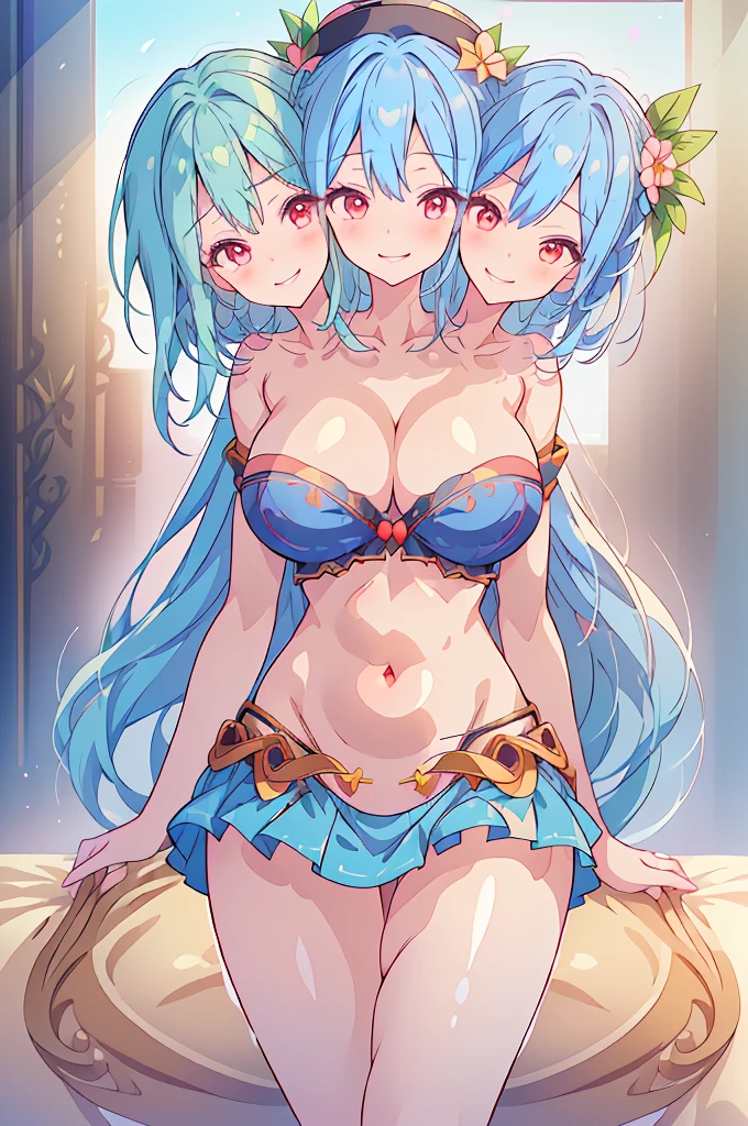 (masterpiece, best quality), best quality, (ultra-detailed), ((3heads:1.5)), ((three headed girl:1.5)),1girl, (hinanawi tenshi:1.3), masterpiece, (high quality), (high resolution), (best quality:1.5, highres, UHD), highres, absurdo, ultra detail, ultra quality white top, crop top, ((stomach)), midriff, ((groin)), blue skirt, normal ears, shackles, ((light blue hair)), (blunette:1.5), (same hair color), very long hair, wavy hair, smiling, smirk, dark red eyes, very detailed eyes, parted lips, detailed eyes, (smiling:1.5), (cute smile:1.5), cute, toned belly, hand on own chest, (smirk:1.5), eyelashes, (2 woman:1.3), (masterpiece:1.5), (best quality:1.5), (beautiful detailed:1.5), extremely detailed CG, extremely delicate and beautiful, depth of field, (finely detailed face), (perfect details:1.2), (mature female:1.4), wide pelvis, slender, large veiny breast, 16k resolution, very high quality, very high definition, extremely detailed, masterpiece, best quality, blue hair, long hair, alluring presence, braid, short skirt, close up, very big breasts, huge breasts, young, black hat decorated with two peaches and leaves, hat ornament, 3heads, girl with three heads, three headed girl,
