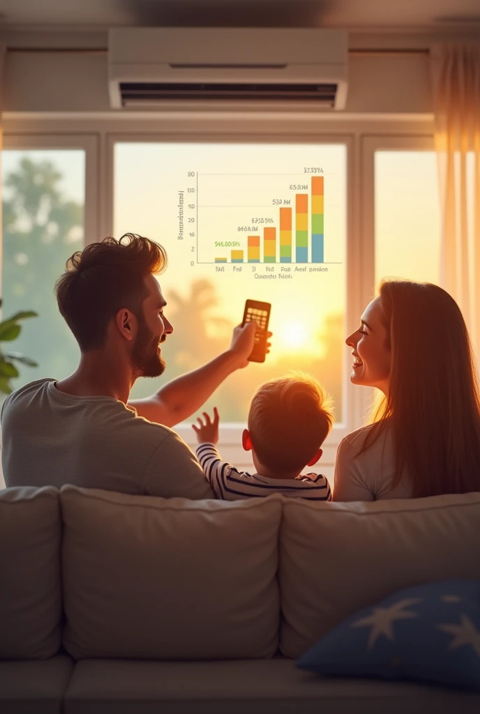 high qualiy, 4K Ultra HD, A happy family (naughty man, woman and child) sitting on the sofa in the living room watching TV, image of a graph similar to an energy bill indicating kWh consumption/Month (450, 405, 540, 30, 30, 30), a window to the right of the characters, through the window a summer sun, a child pointing the remote control towards the air conditioner above the living room window, A beautiful display that fits into the home, in the background a Logo; CZ (C in blue color, z in red color)  with its details incorporated, sharp focus, in the lower right corner of the 